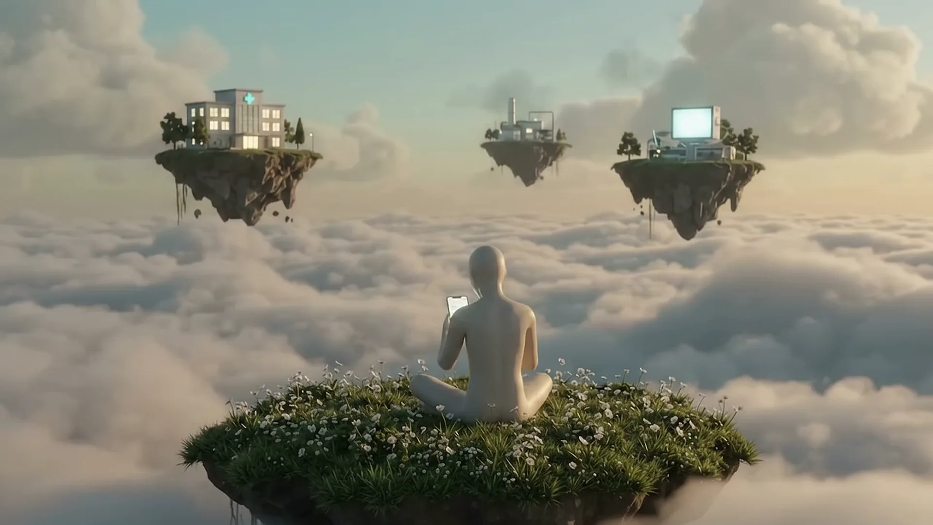 A person on a floating island above the clouds, a hospital, a lab and a portal on the islands around them