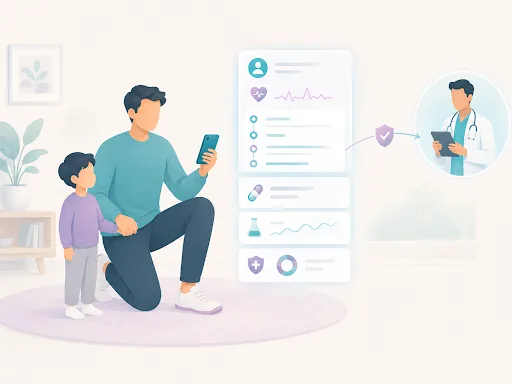 A father with his child reading his records on his phone and sharing them with a doctor